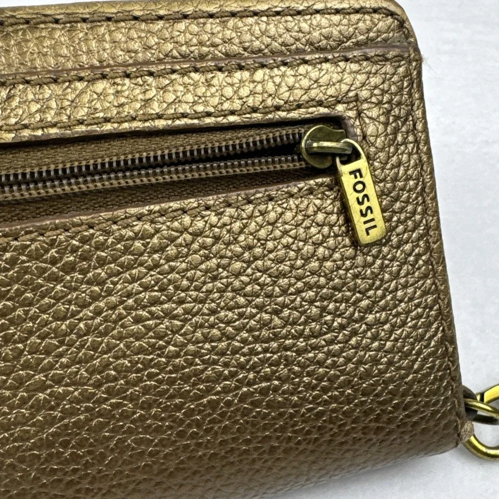 FOSSIL Quinn Slim‎ Wristlet Clutch Bi-Fold Wallet Pebbled Metallic Gold SWL1085